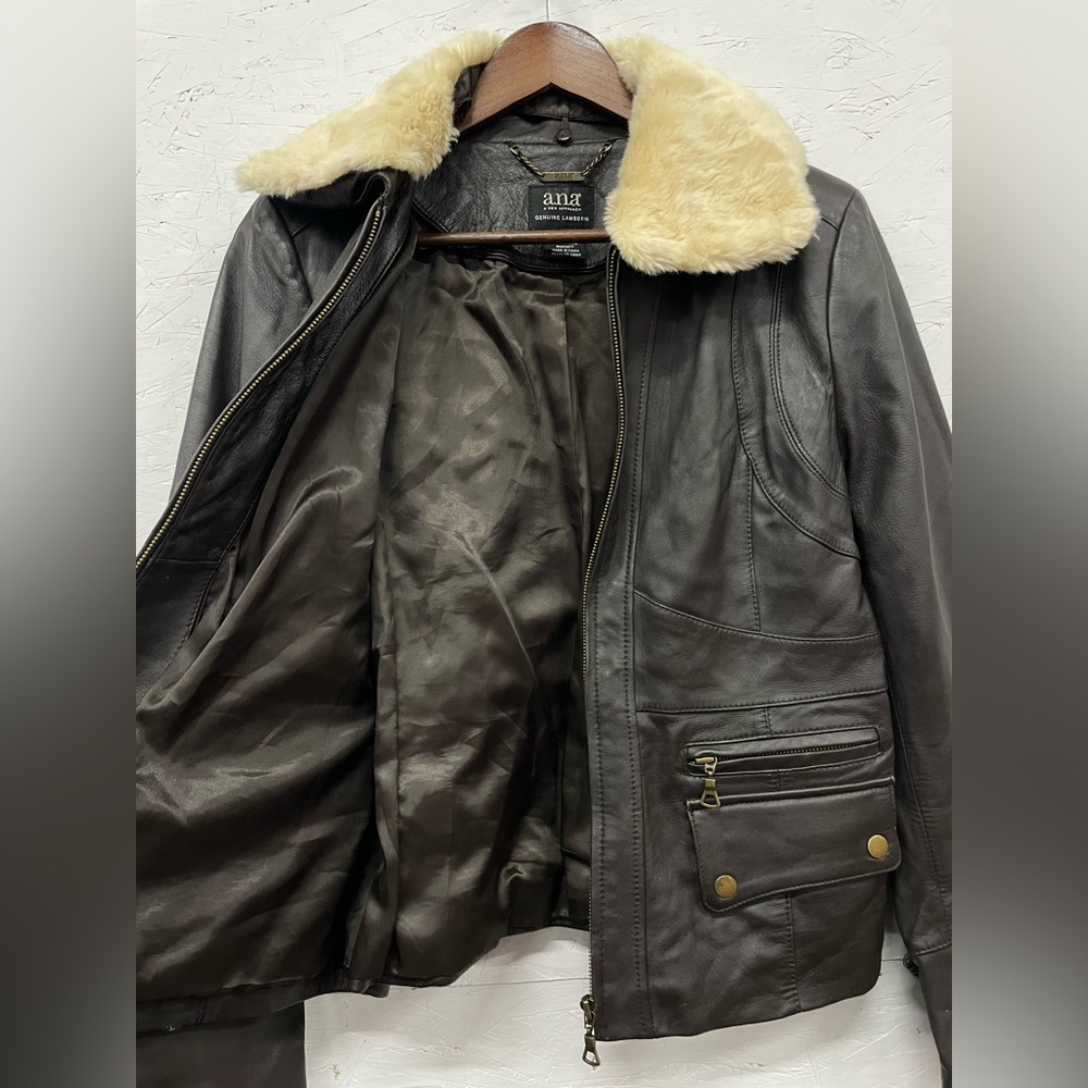 A.N.A Genuine Lambskin Dark Brown Leather Aviator Bomber Jacket, Size M - Picture 11 of 12